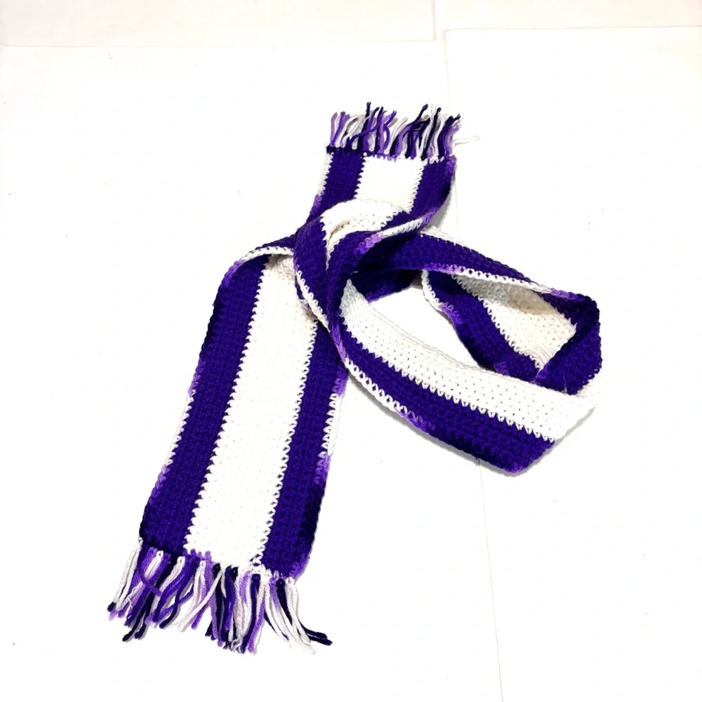 Vibrant Purple and White Knit Scarf